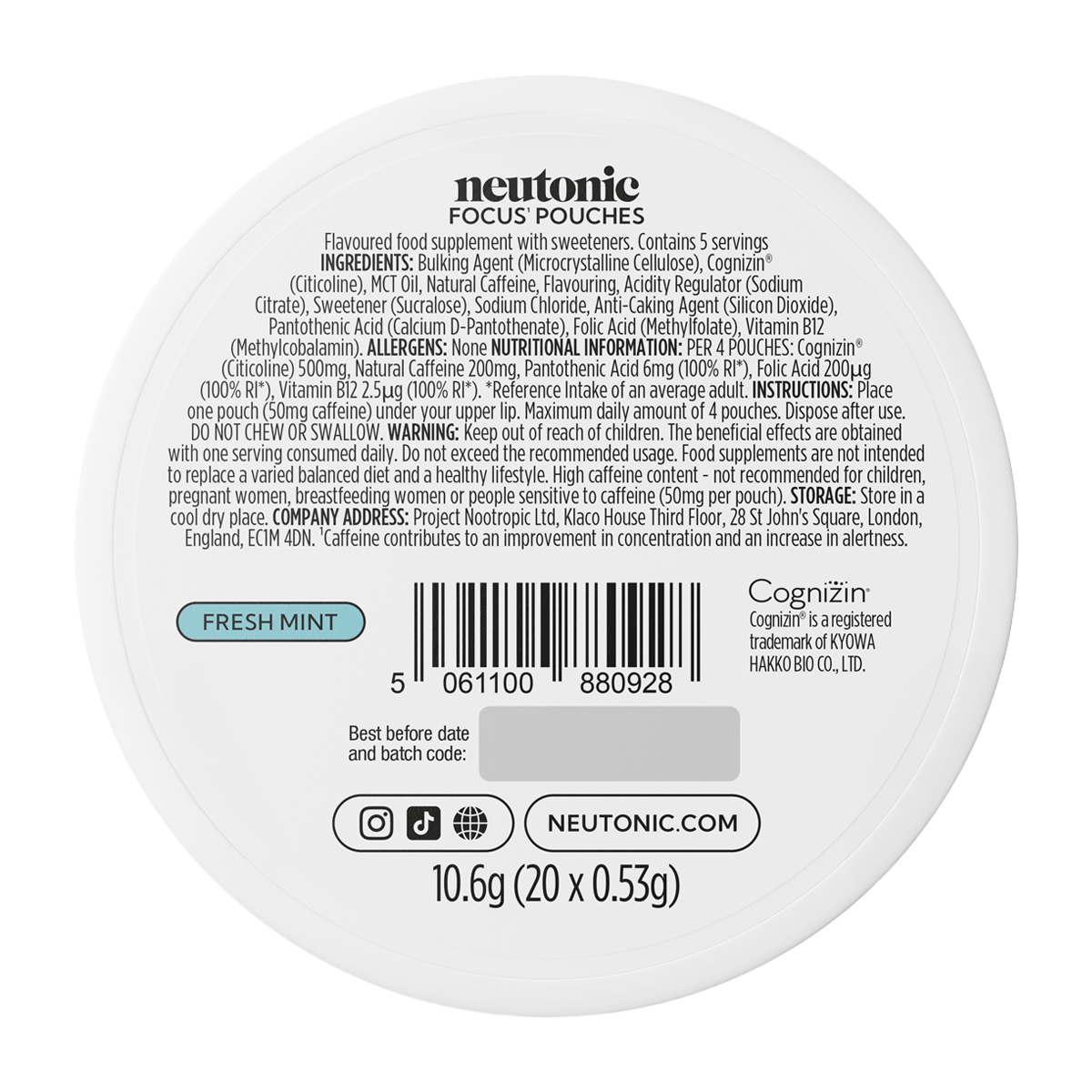 Neutonic Nootropic Focus Pouches 1 Pack (5x20 Pouches) – Nicotine-Free Energy & Clarity