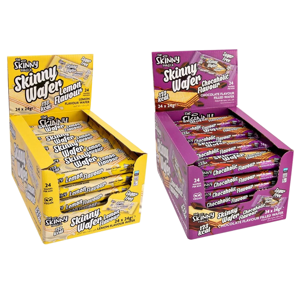 Two unique Skinny Food Zero Sugar Wafers boxes with lemon and chocolate flavors