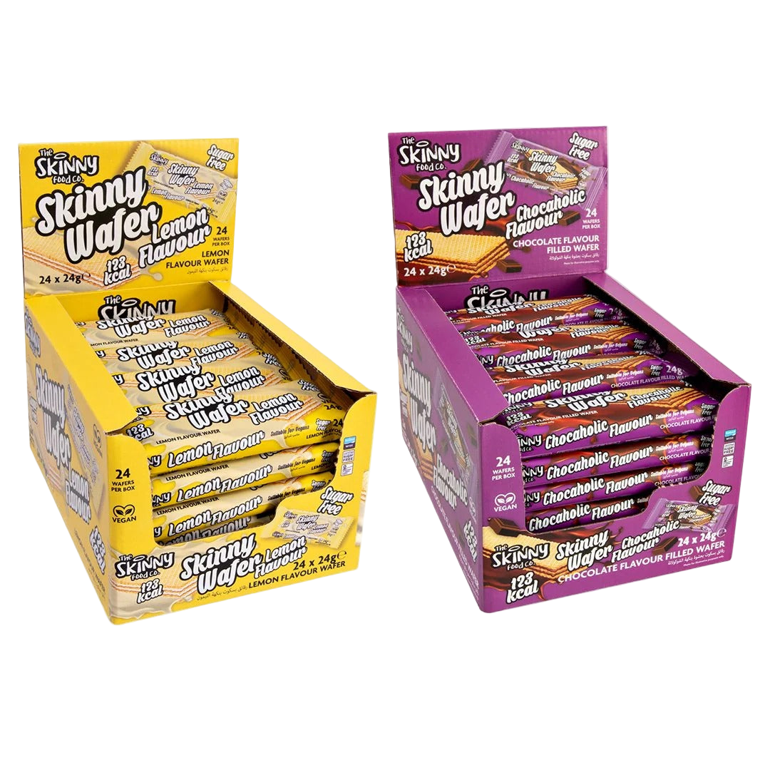 Two unique Skinny Food Zero Sugar Wafers boxes with lemon and chocolate flavors