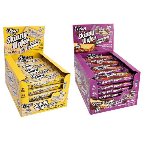 Two unique Skinny Food Zero Sugar Wafers boxes with lemon and chocolate flavors