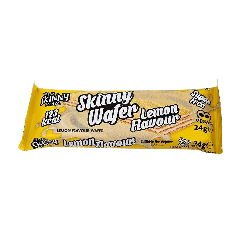 Yellow-packaged lemon-flavored zero sugar wafers from The Skinny Food Co, two unique tasty treats