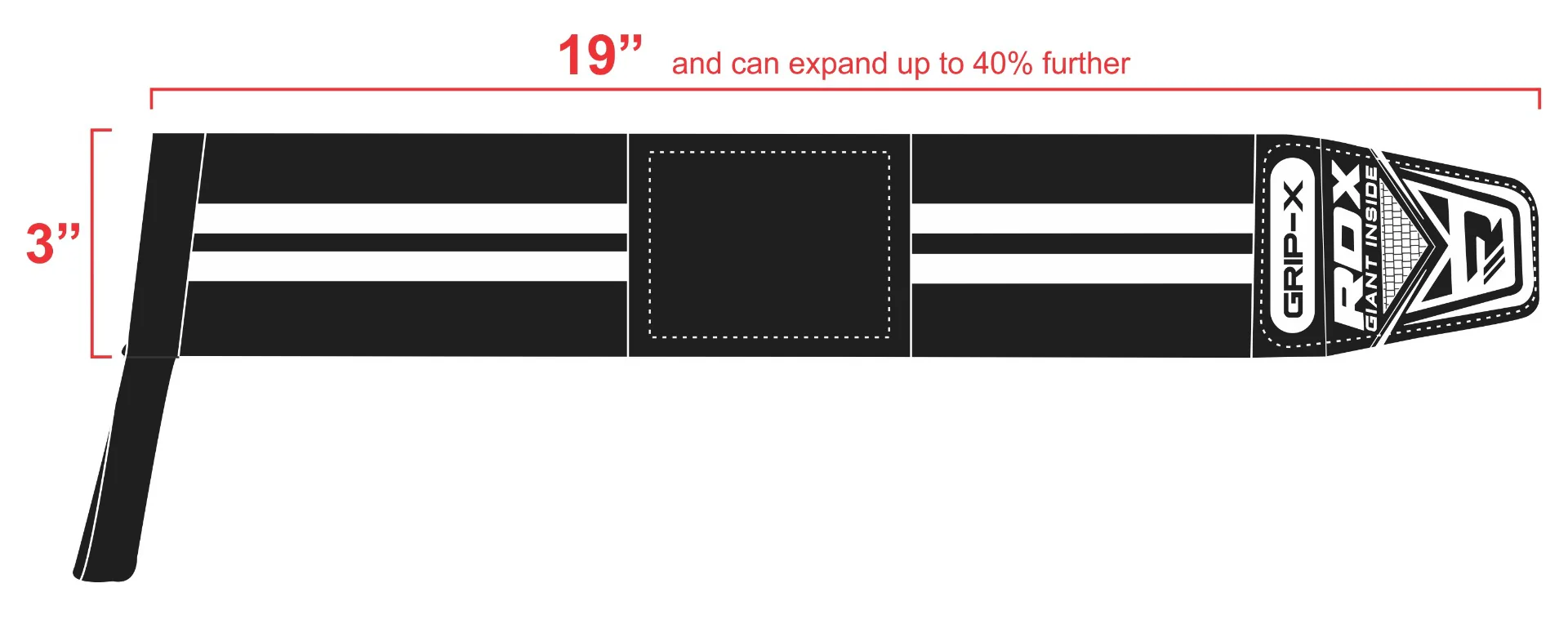 Black RDX Gym Wrist Wraps W3 with white stripes, 3x19 inches, extended length up to 40%