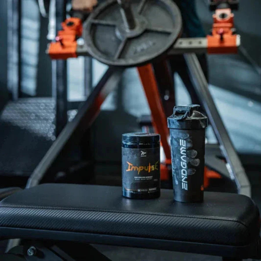 Black Endgame Impulse pre-workout shaker bottle with tub for laser-sharp focus and energy