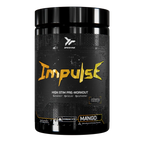 Black Endgame Impulse Pre-workout container with gold lettering for explosive energy and laser-sharp focus