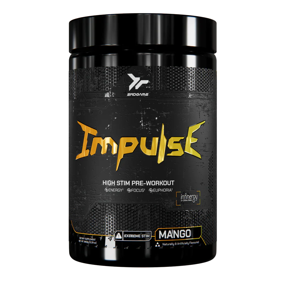 Black Endgame Impulse Pre-workout container with gold lettering for explosive energy and laser-sharp focus