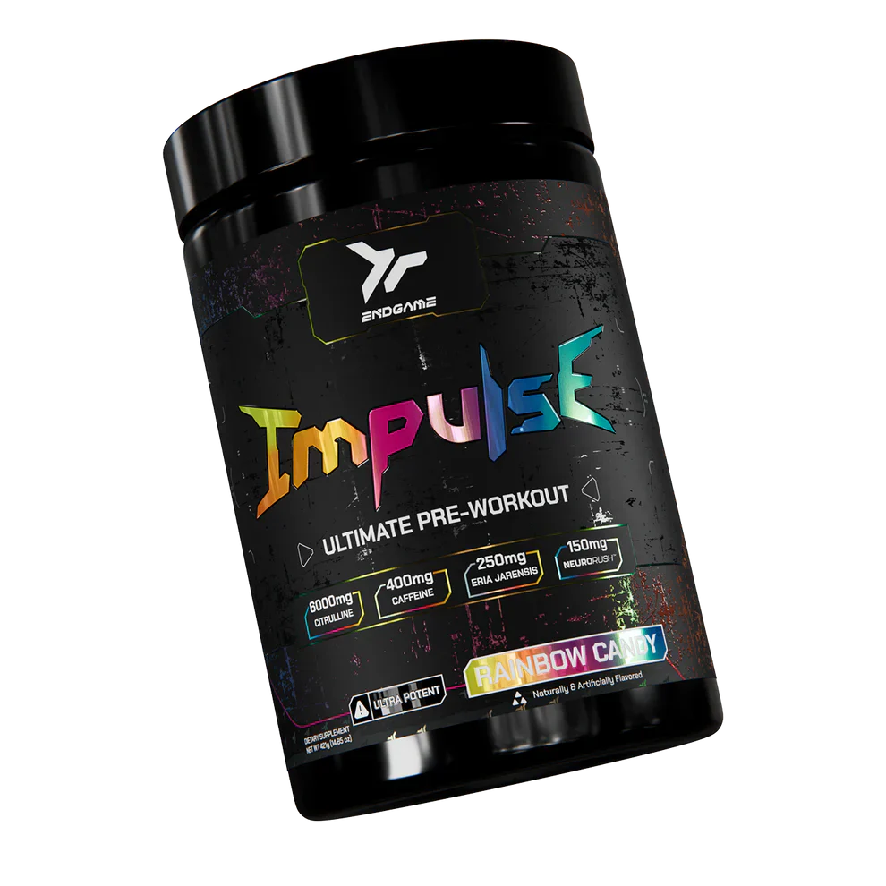 Black Endgame Impulse pre-workout container with colorful label for explosive energy