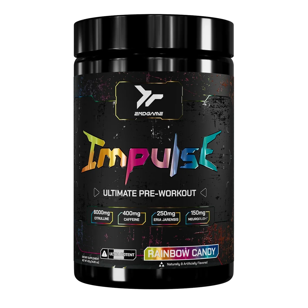 Black plastic tub of Endgame Impulse Pre with Rainbow Candy flavor for explosive energy