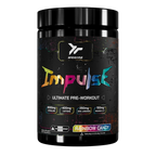 Black plastic tub of Endgame Impulse Pre with Rainbow Candy flavor for explosive energy