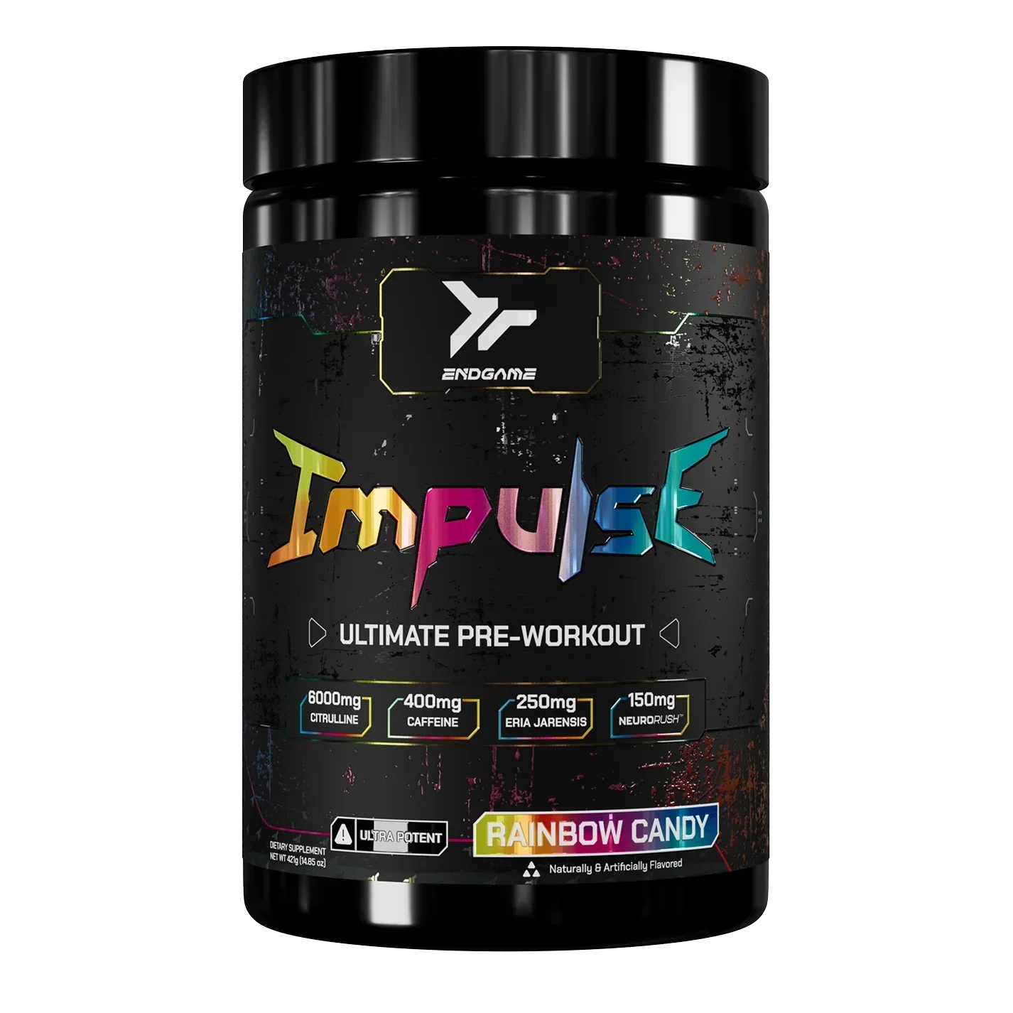 Black plastic tub of Endgame Impulse Pre with Rainbow Candy flavor for explosive energy