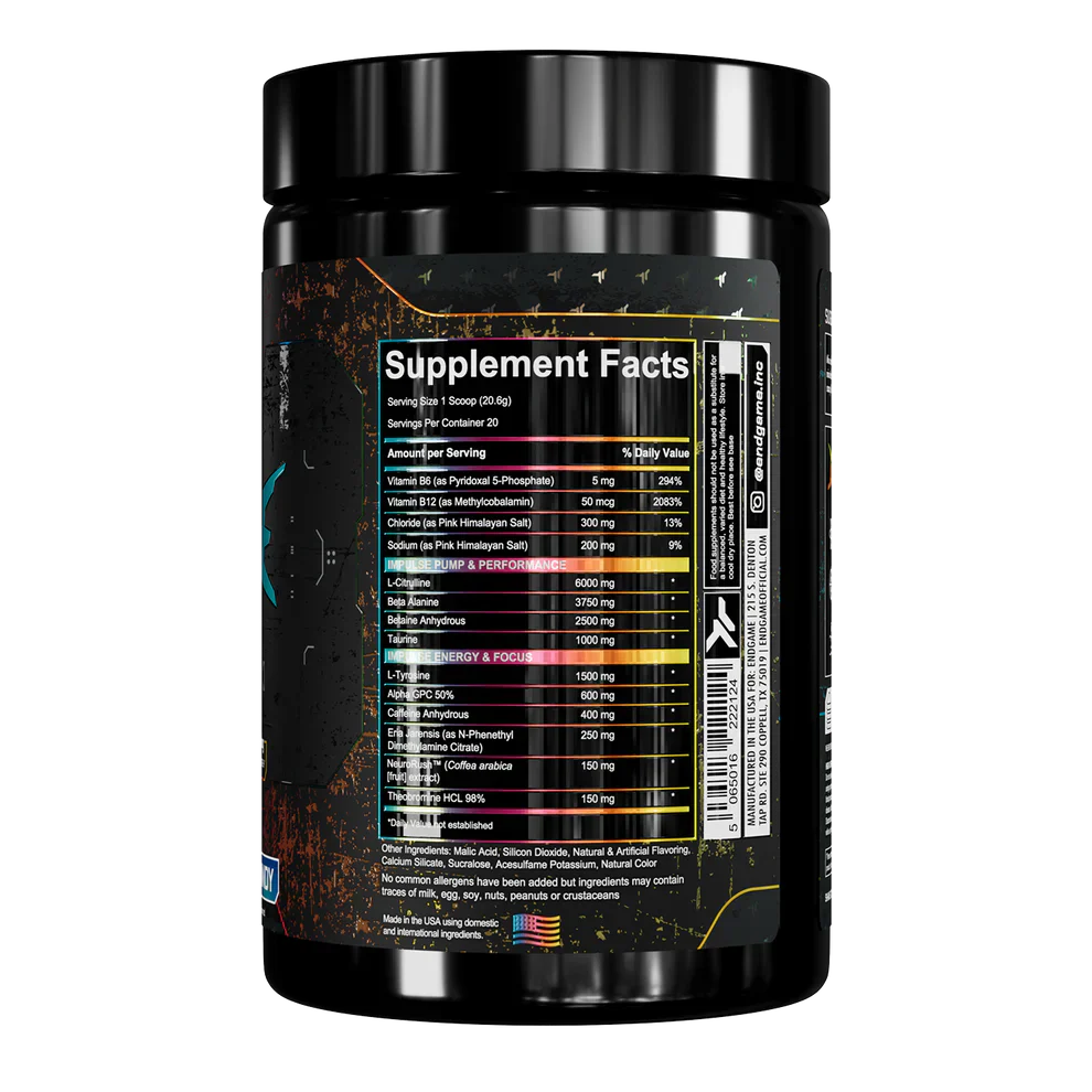 Black Endgame Impulse pre-workout container with nutrition label for laser-sharp focus and explosive energy