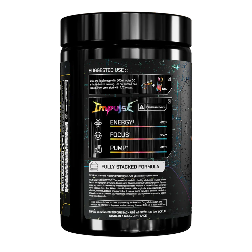 Black Endgame Impulse Pre container with colorful logo for explosive energy and laser-sharp focus