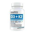 White plastic bottle of Innovapharm D3+K2 capsules for maximum strength bone health