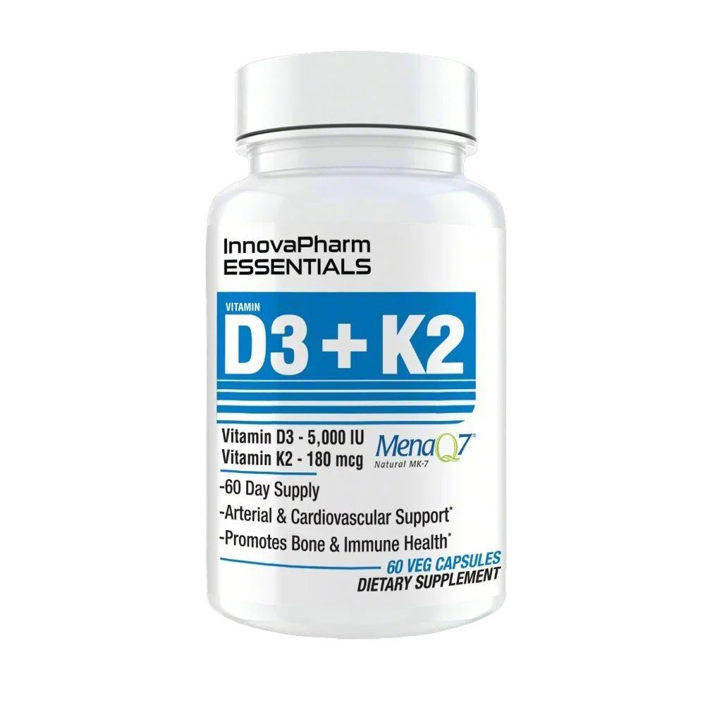 White plastic bottle of Innovapharm D3+K2 capsules for maximum strength bone health