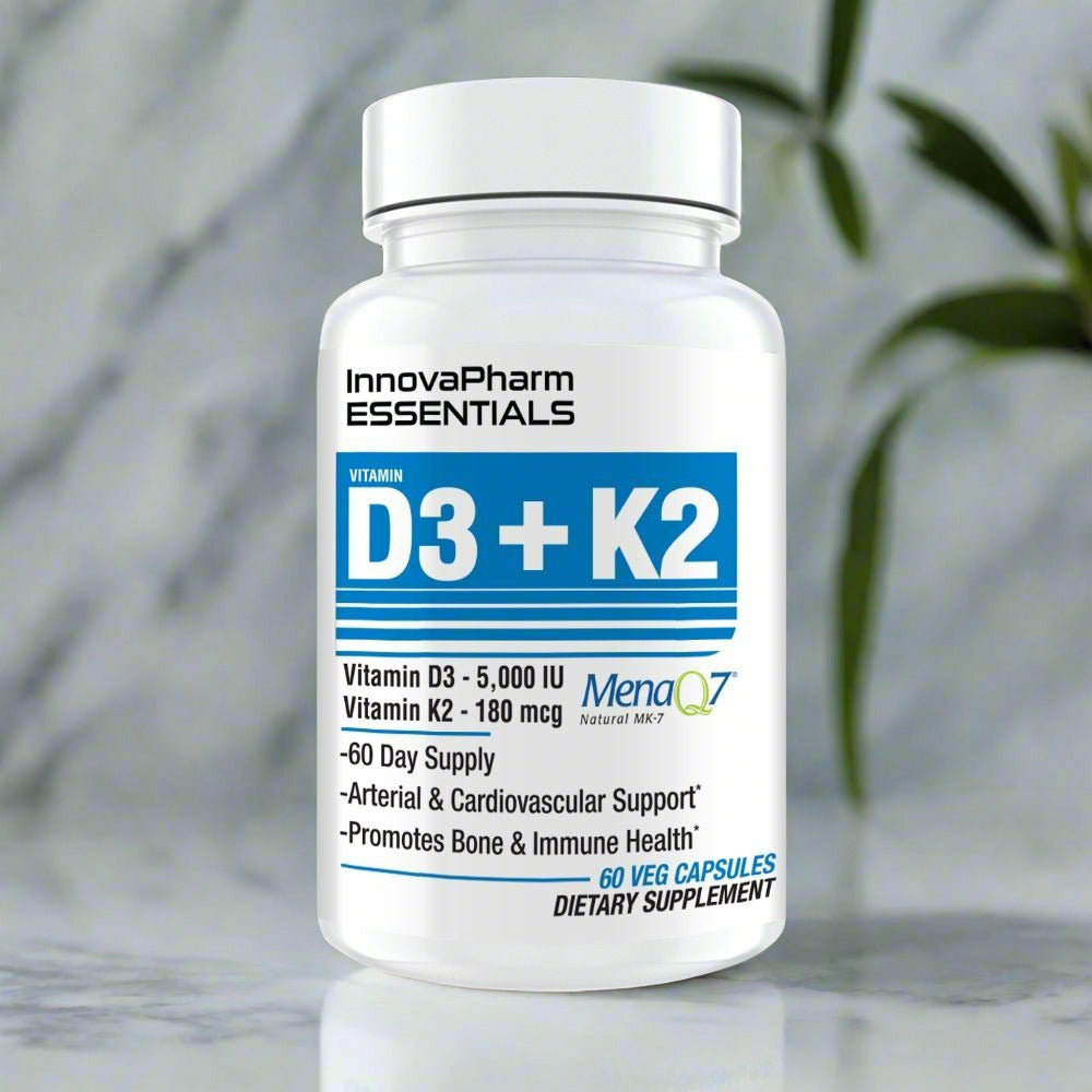 White Innovapharm D3+K2 bottle for maximum strength bone health and arterial support