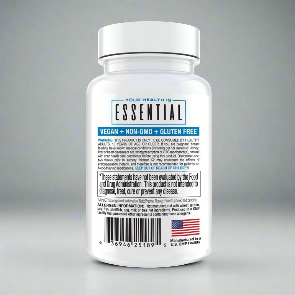 White plastic bottle of Innovapharm D3+K2 supplements for bone health and arterial stiffness