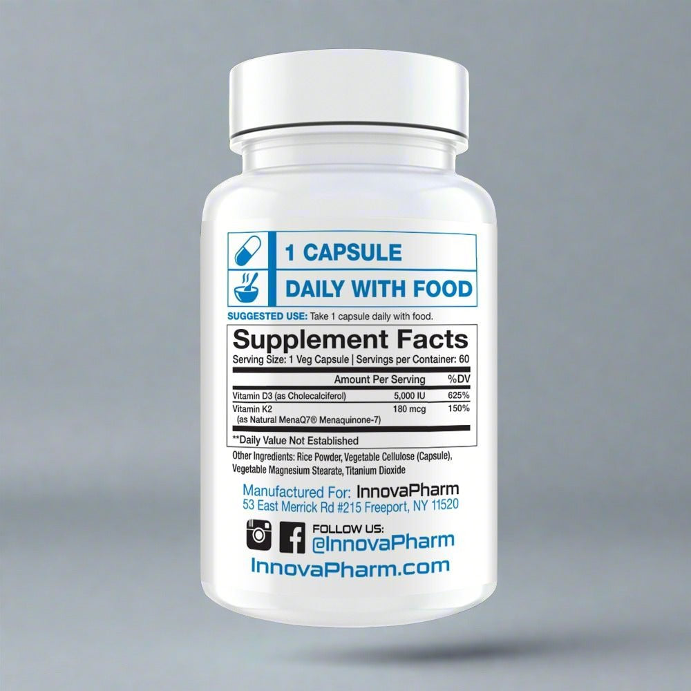White InnovaPharm D3+K2 bottle for bone health and reducing arterial stiffness