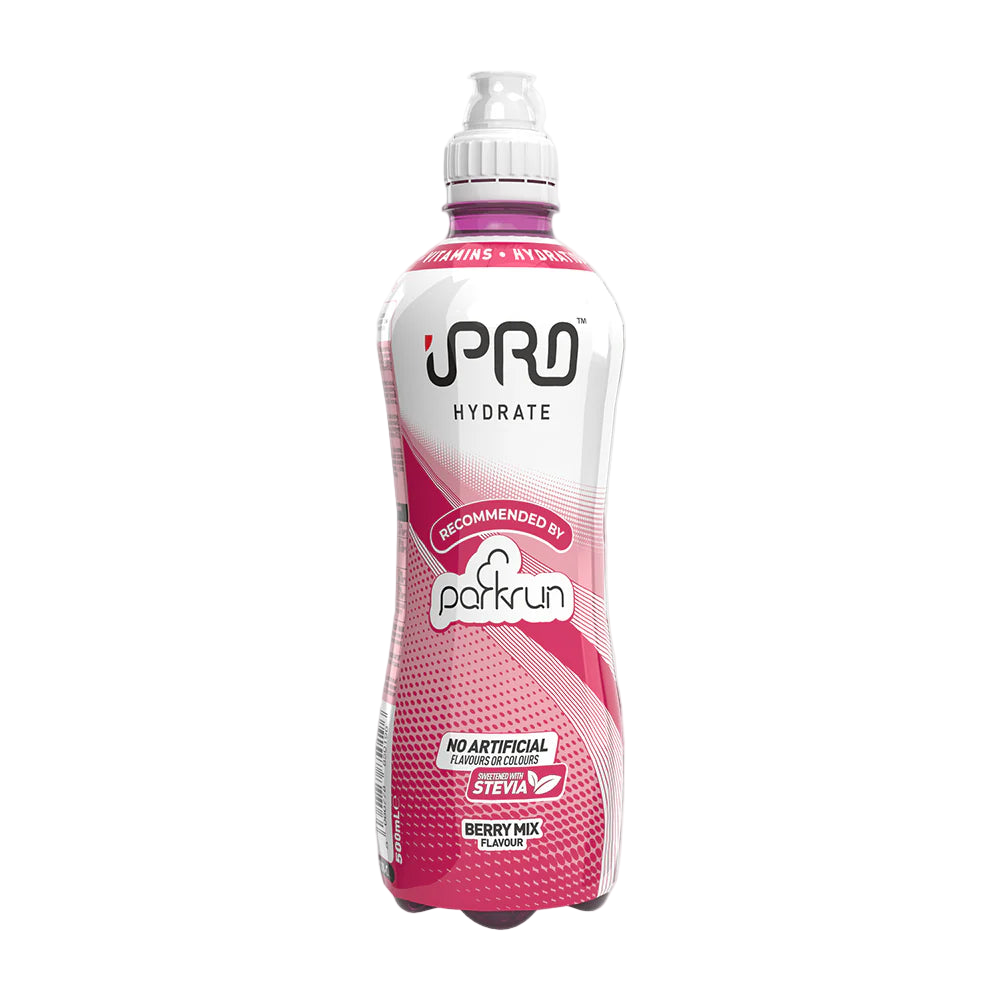 Pink and white 'PRO Hydrate' bottle on a white background