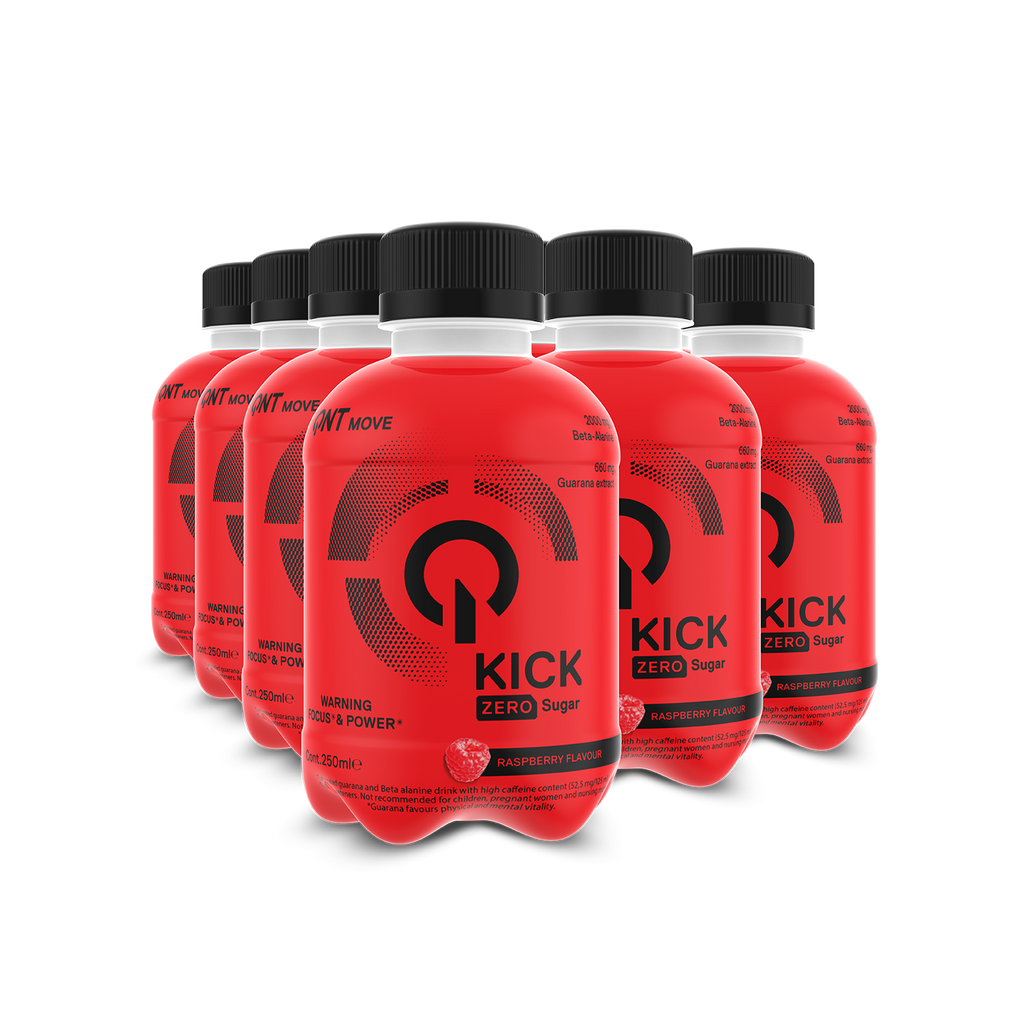 Six-pack of QNT Kick Drink zero sugar lemon lime raspberry-flavored sports drinks with guarana extract