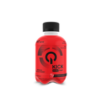 Red QNT Kick Energy drink bottle with black cap and label featuring a red power symbol