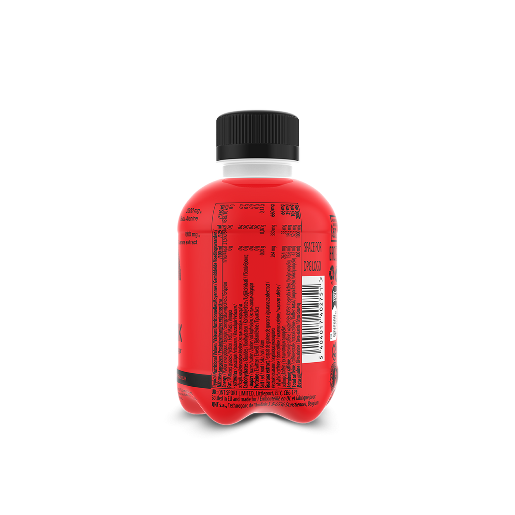 Red QNT Kick Energy drink bottle with barcode and black screw cap, zero sugar lemon lime flavor