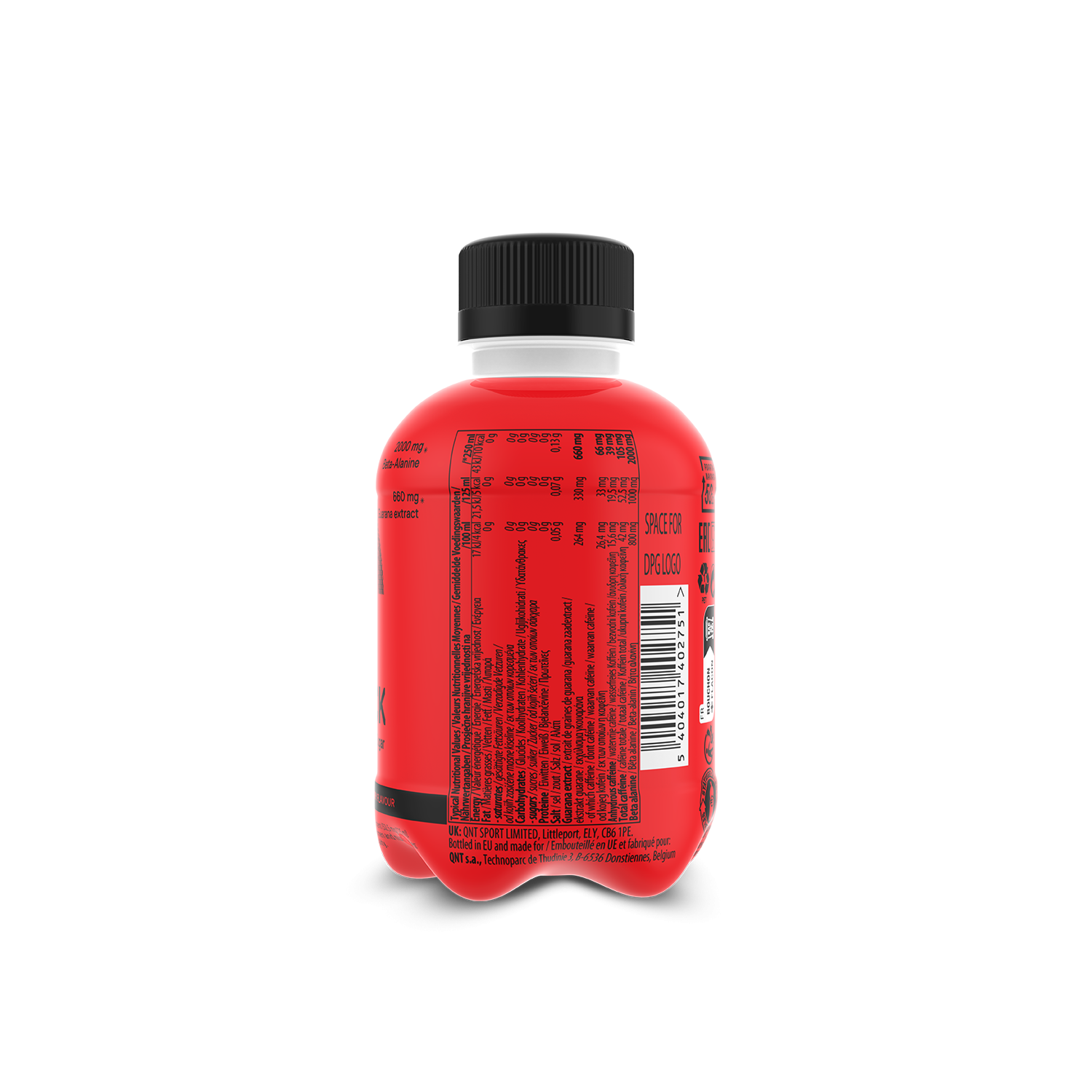 Red QNT Kick Energy drink bottle with barcode and black screw cap, zero sugar lemon lime flavor