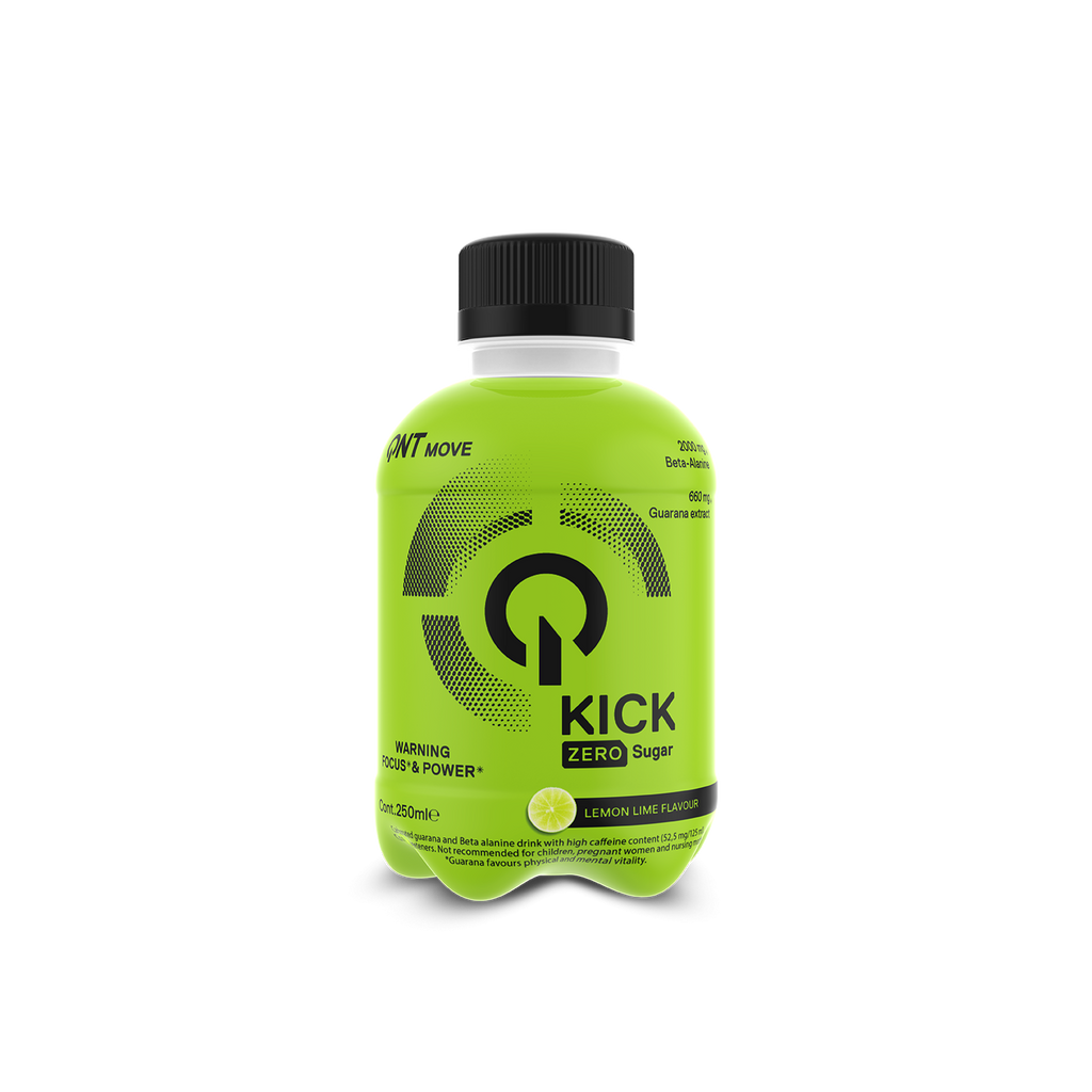 QNT Kick Energy drink with guarana extract zero sugar lemon lime in clear bottle