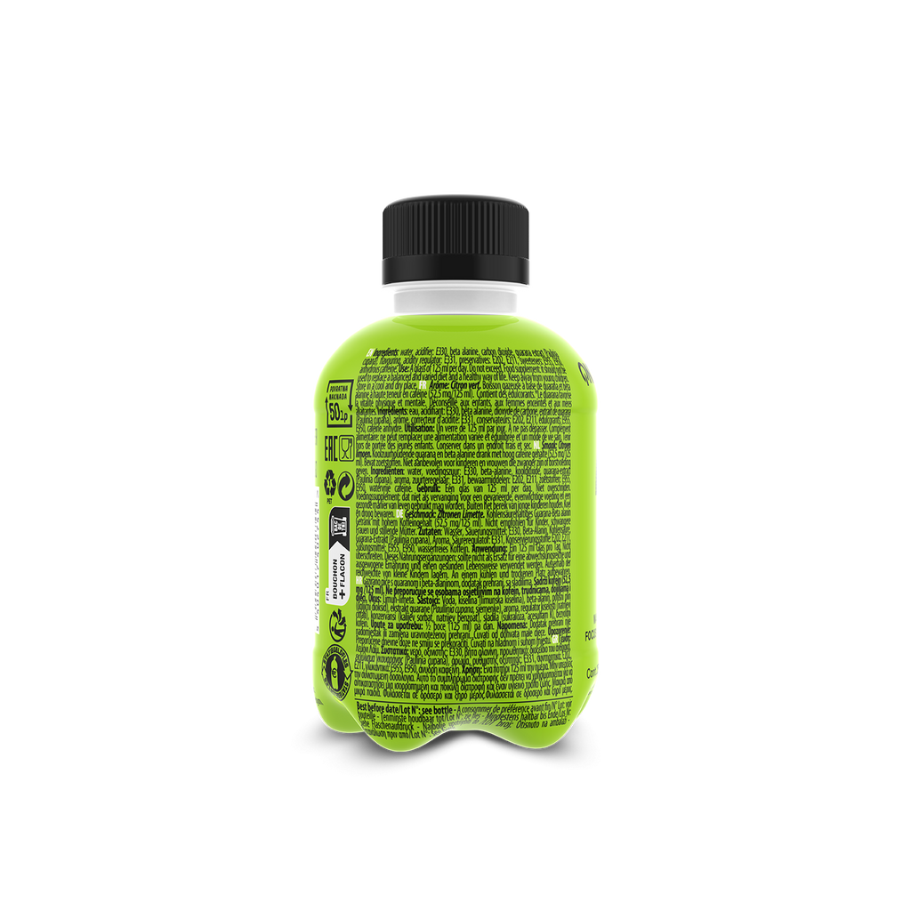 Lime green QNT Kick Drink bottle with black cap, zero sugar lemon lime energy boost