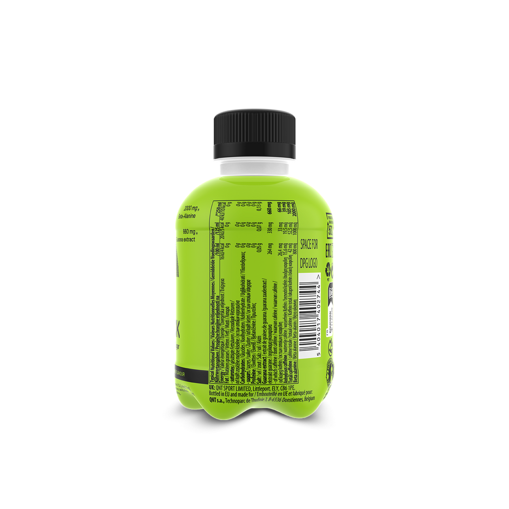 Green QNT Kick Energy drink bottle with guarana extract and zero sugar lemon lime flavor