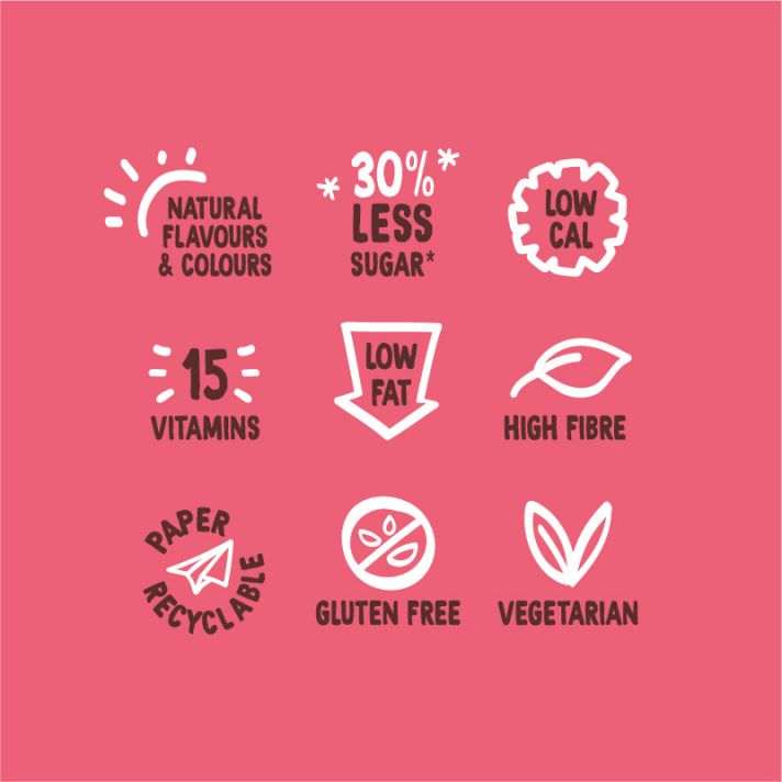 Icons showing nutritional info for Flower & White Fruity Mallow bar with delicious strawberry flavor