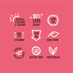 Icons showing nutritional info for Flower & White Fruity Mallow bar with delicious strawberry flavor