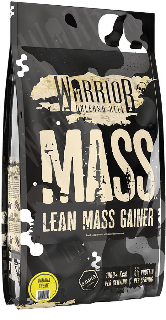 Black and white Warrior Lean Mass Gainer bag with Banana Creme flavor and high calories