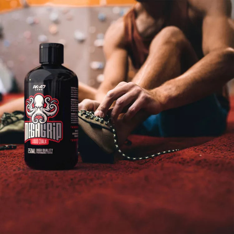 Black bottle of AK-47 Labs Mega Grip Liquid Chalk with octopus logo, 250ml