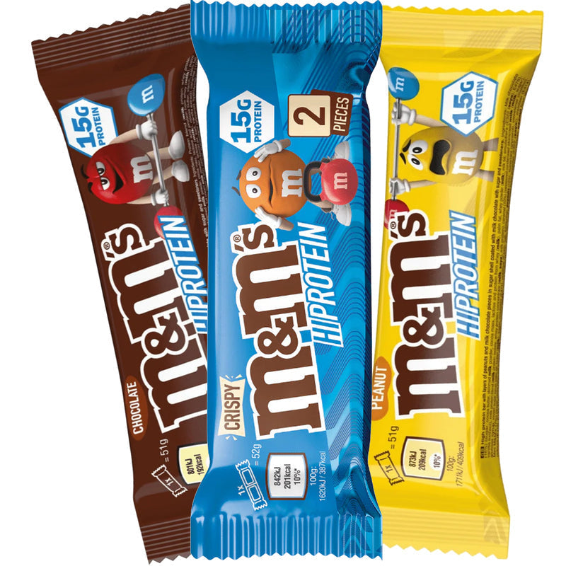 Three M&M Hi-Protein Bars in different flavors for a tasty hi-protein snack