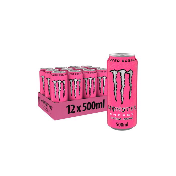 12-pack of Monster Energy Ultra Rosá zero sugar drinks with one can standing alone for a refreshing taste