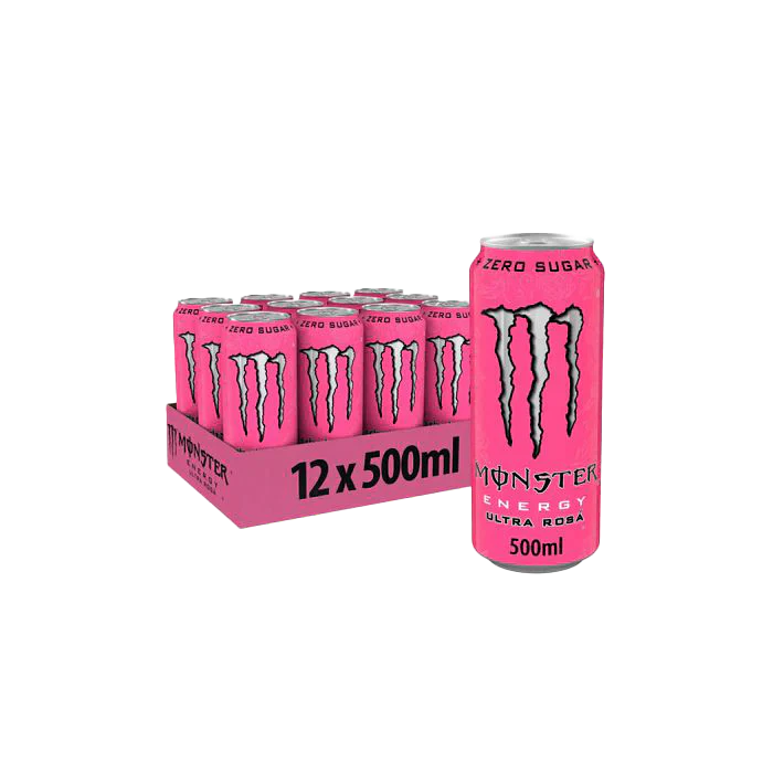 Pink Monster Energy Ultra Rosa cans with a single can standing, featuring the refreshing taste of Monster Energy blend