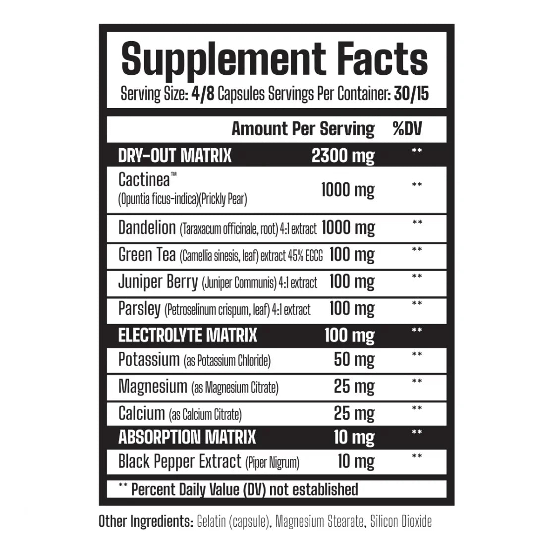 Supplement facts label for Muscle Rage Dry-Out with dry-out, electrolyte, and absorption matrices