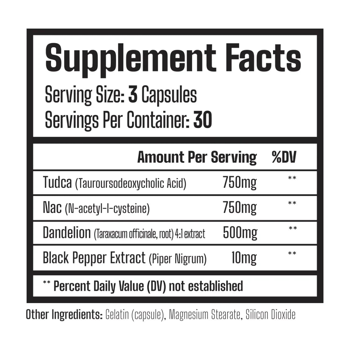 Supplement facts label for Muscle Rage Liver Reset+ with tauroursodeoxycholic acid N-acetyl cysteine and dandelion extract