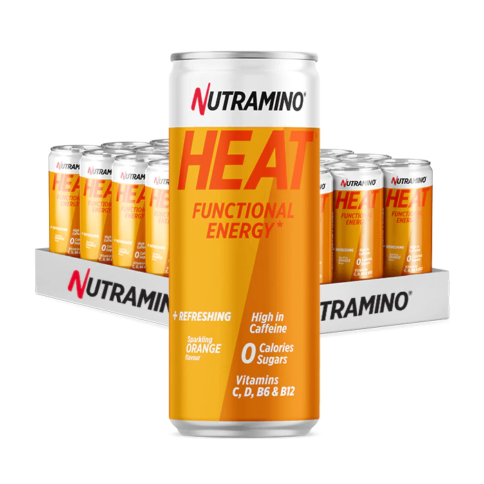 Orange-flavored Nutramino Heat energy drink cans for a boost of energy