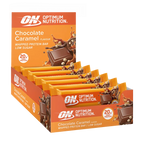 Box of Optimum Nutrition Chocolate Caramel protein bars on a white background