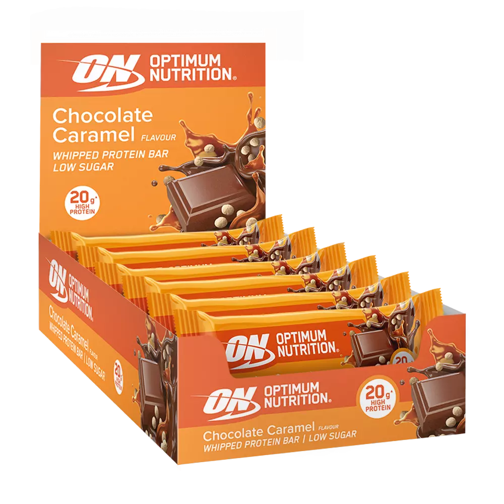 Box of Optimum Nutrition Chocolate Caramel protein bars on a white background
