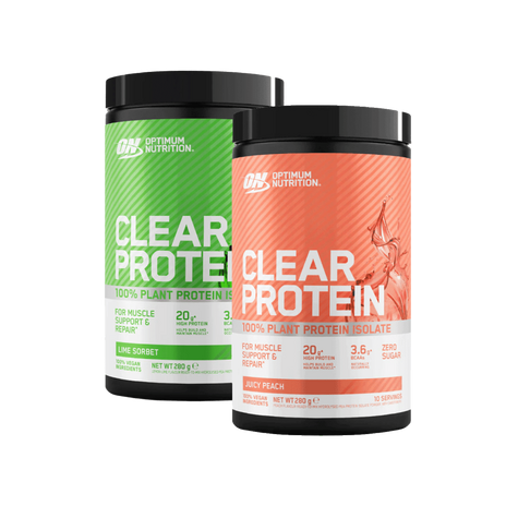 Optimum Nutrition Clear Protein vegan formula with naturally occurring BCAAs in lime sorbet and juicy peach flavors for muscle growth