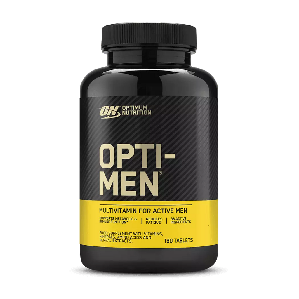 Black bottle of Optimum Nutrition Opti-Men multivitamins for active men with mental performance boost