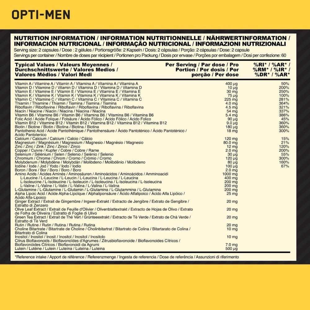 Opti-Men supplement nutritional info highlighting active ingredients for mental performance
