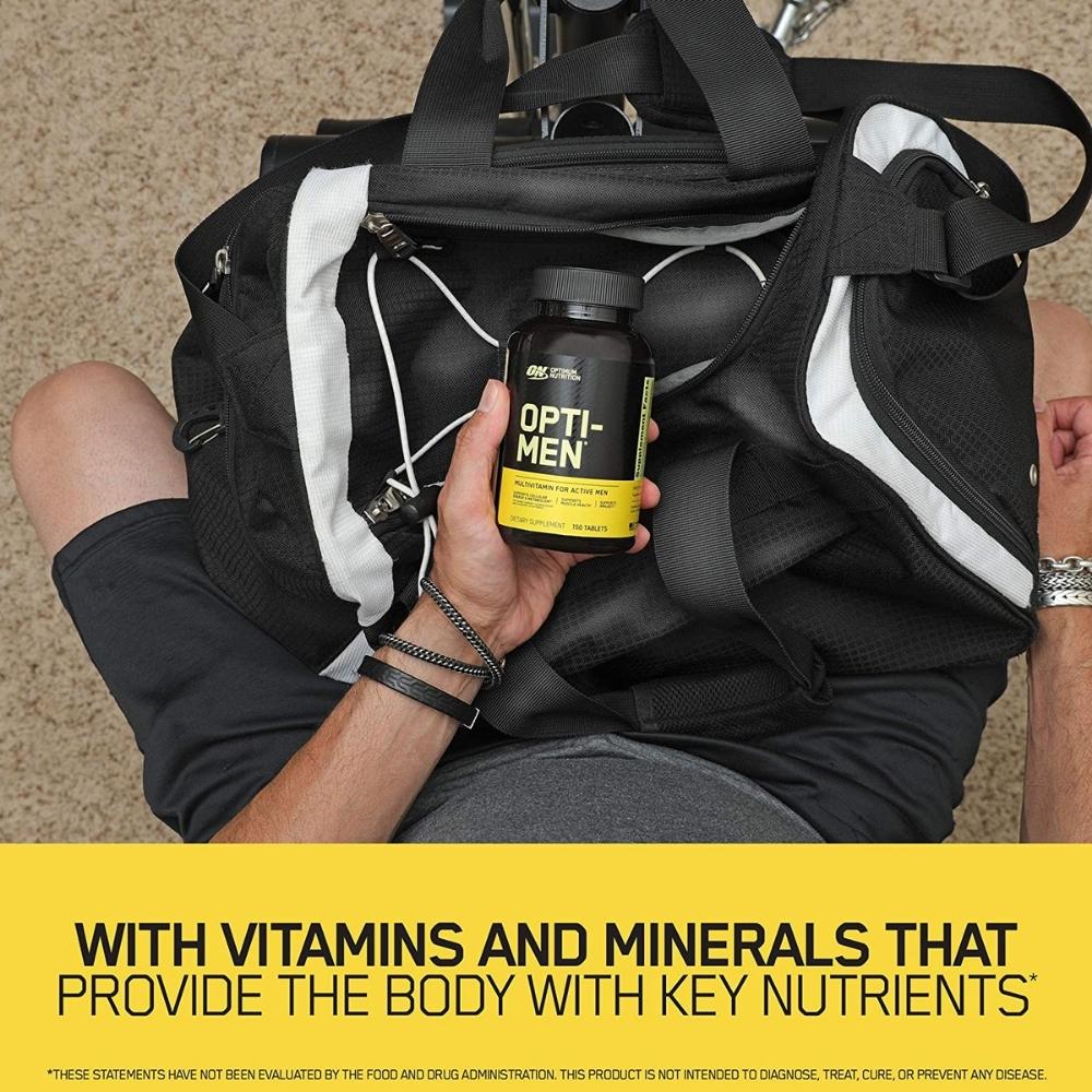 Black Opti-Men bottle with yellow label, supporting mental performance with active ingredients