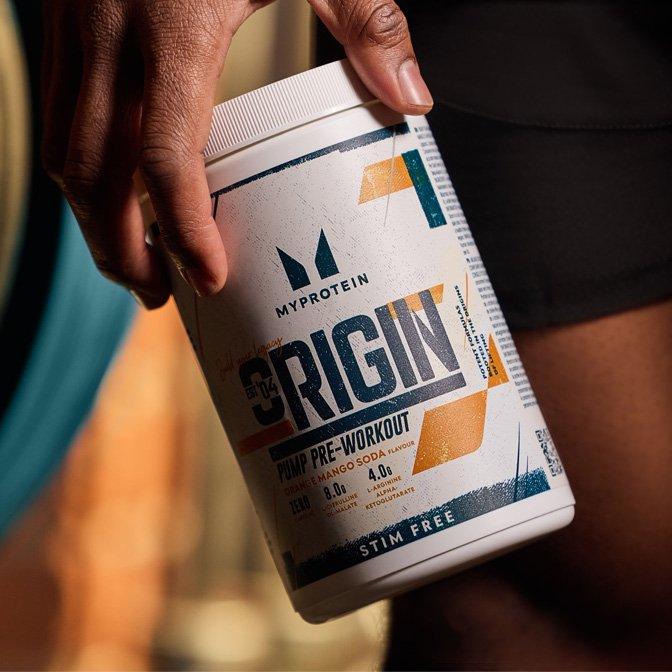 White plastic tub of MyProtein Origin Pre-Workout with citrulline malate and beta alanine