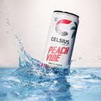 White Celsius Energy Drink can with Peach Vibe flavor for a live fitm lifestyle