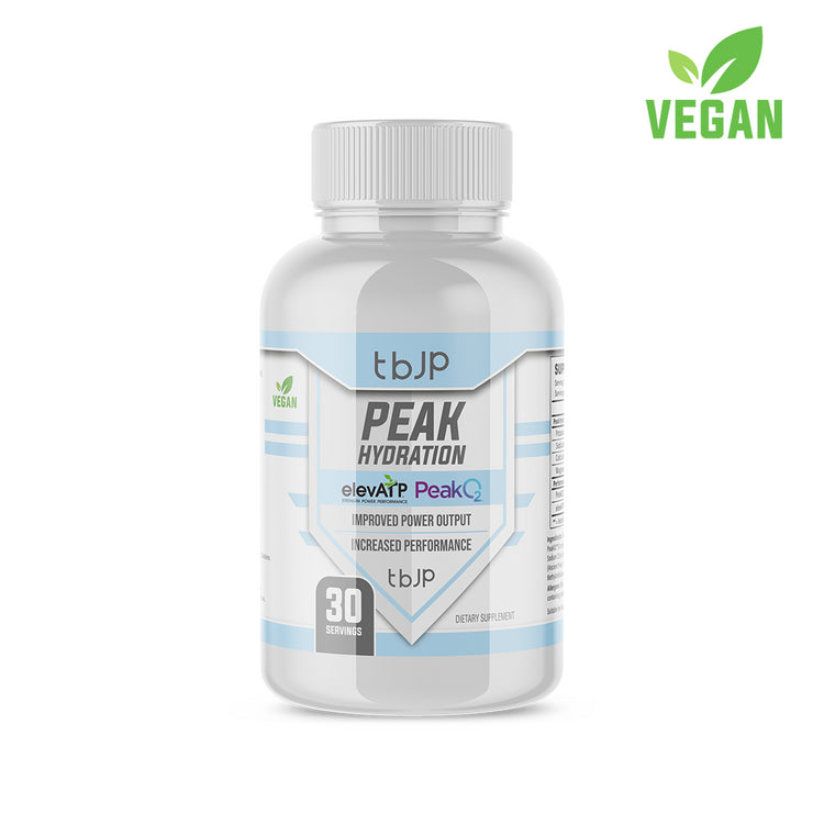 White plastic bottle of PEAK HYDRATION supplements with essential electrolytes for peak hydration