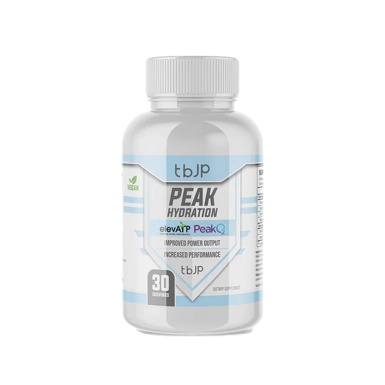 White supplement bottle with light blue label for Trained By JP Peak Hydration with electrolytes