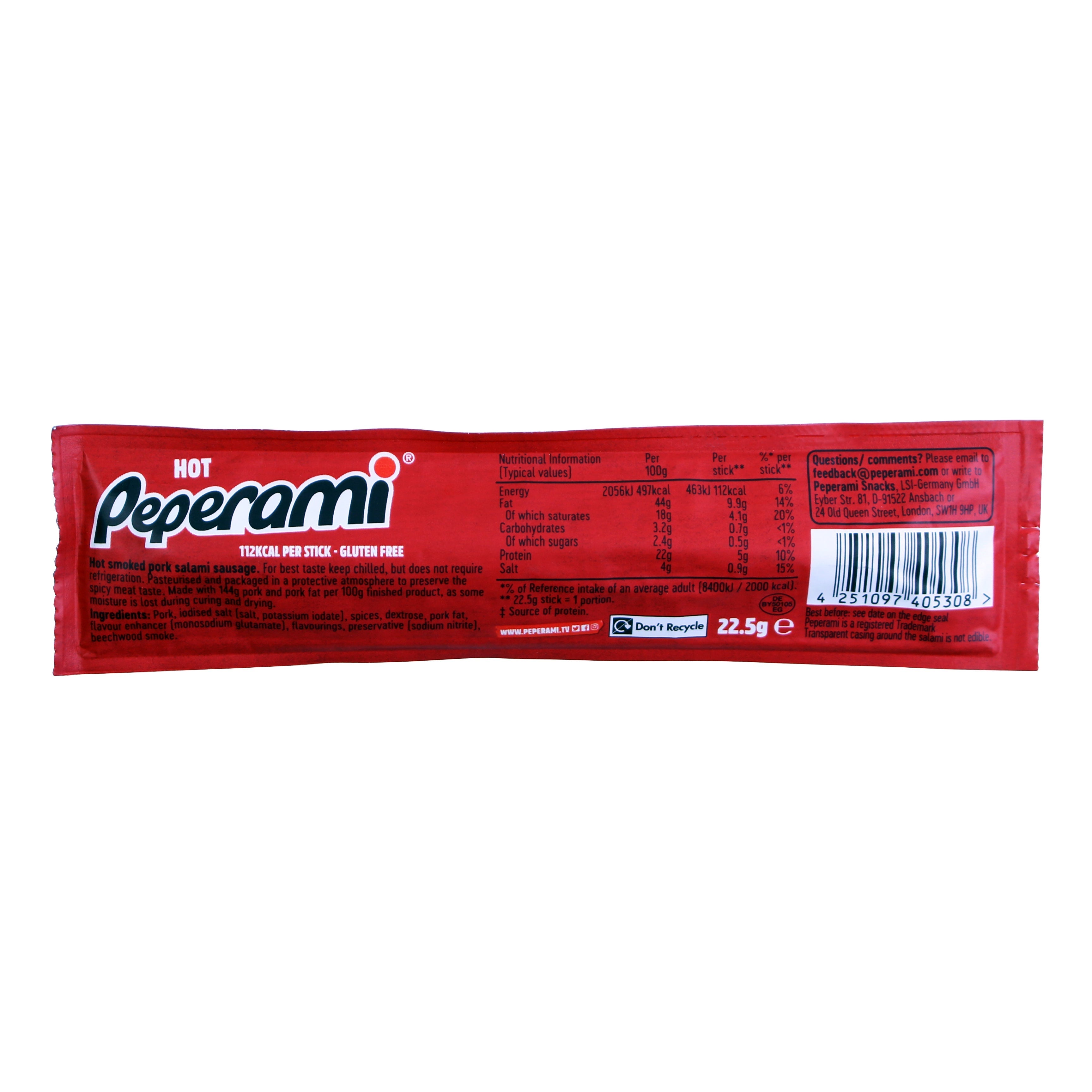 Red hot Peperami Salami meat snack stick for a spicy snack craving