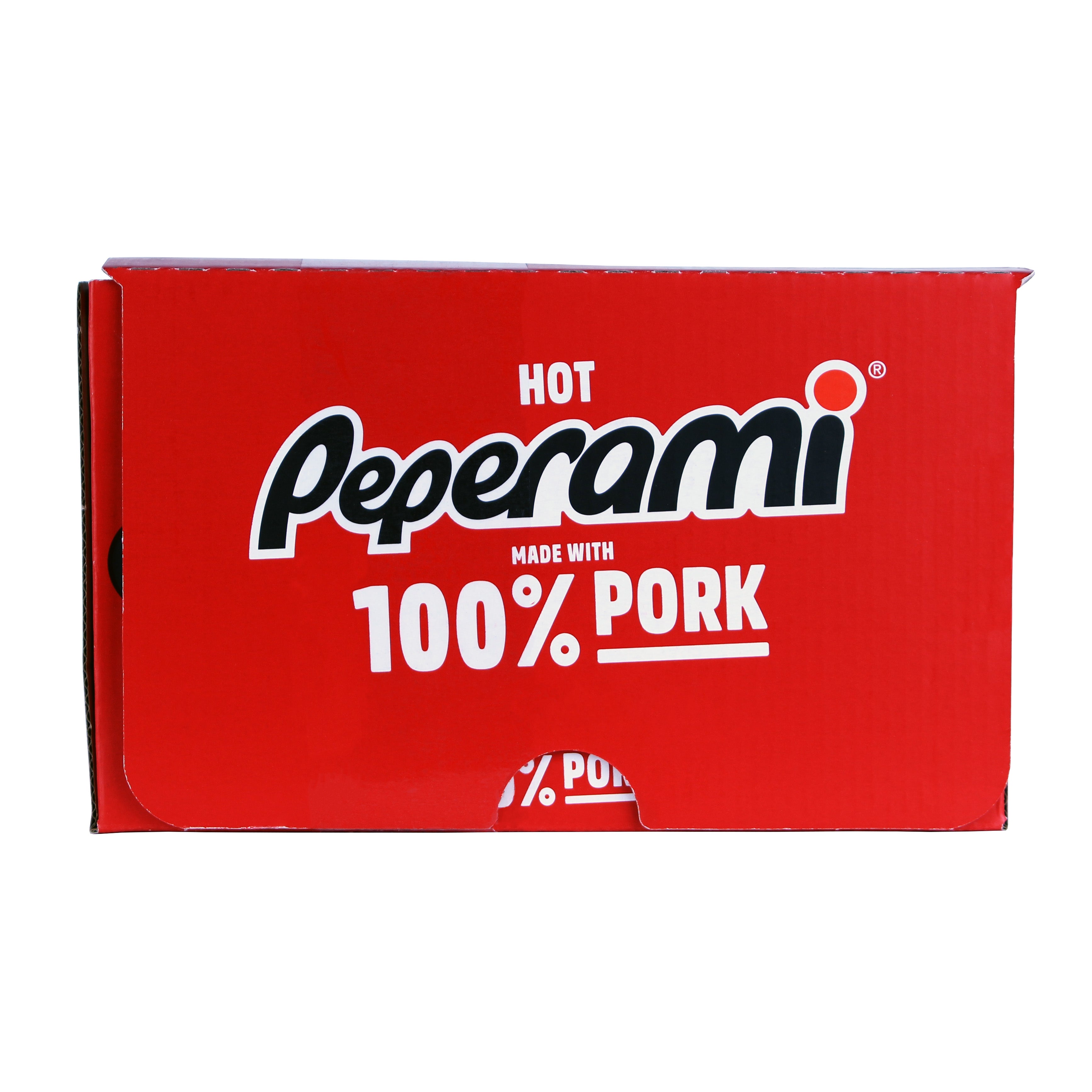 Red box of Peperami 100% Pork Snacks shown in Peperami Salami product display